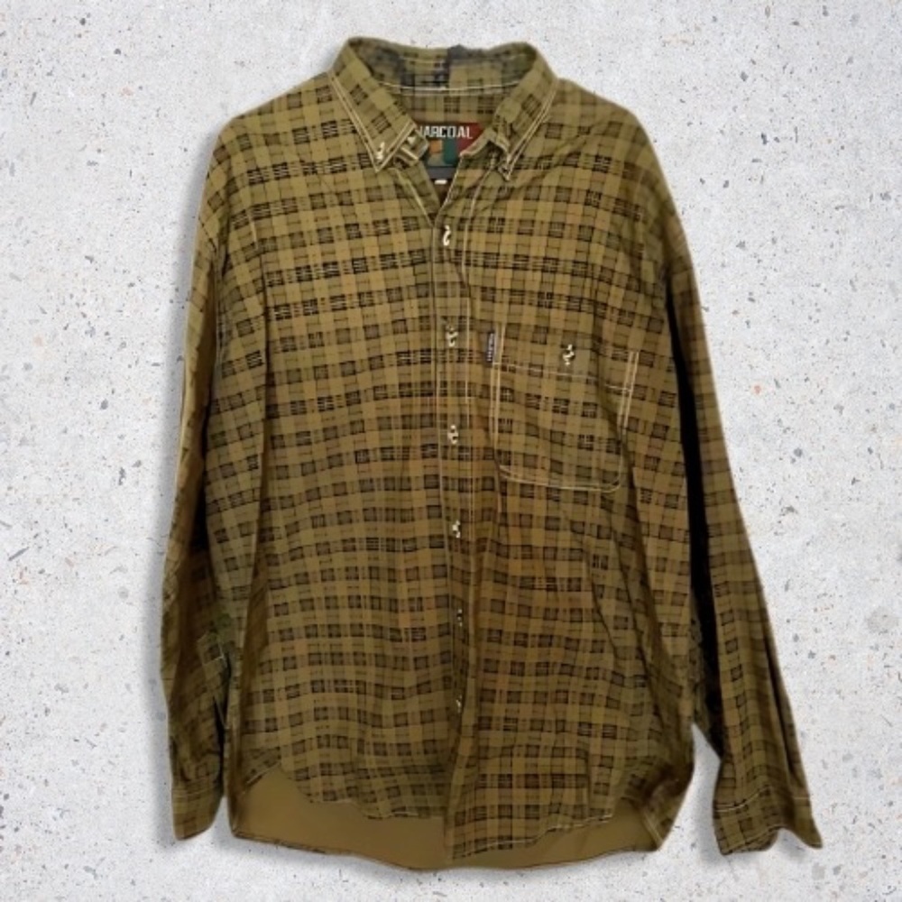 Charcoal Button Down Shirt Long Sleeve Collar Neck Plaid Pattern Green Brown M L